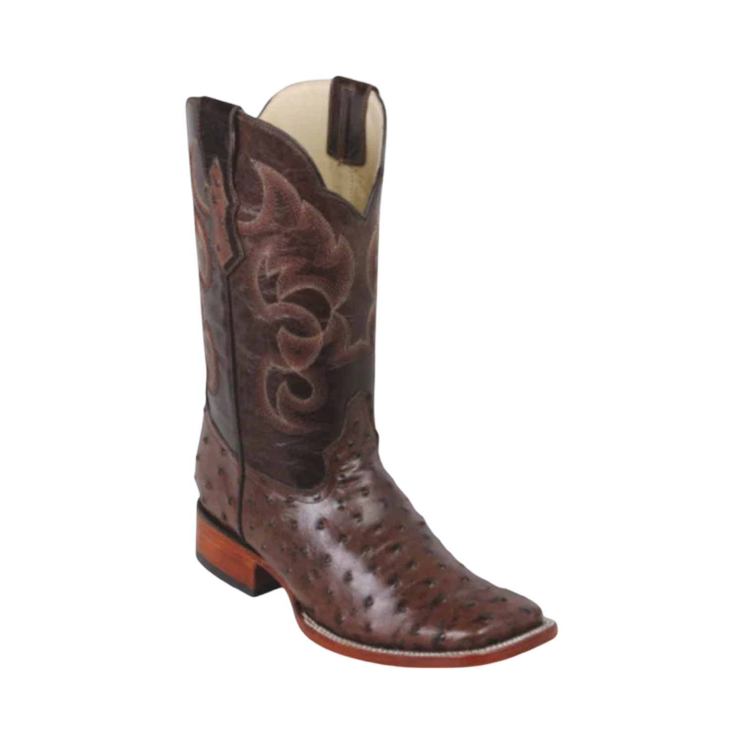 A brown synthetic Quincy boot with a ostrich pattern and square toe style.