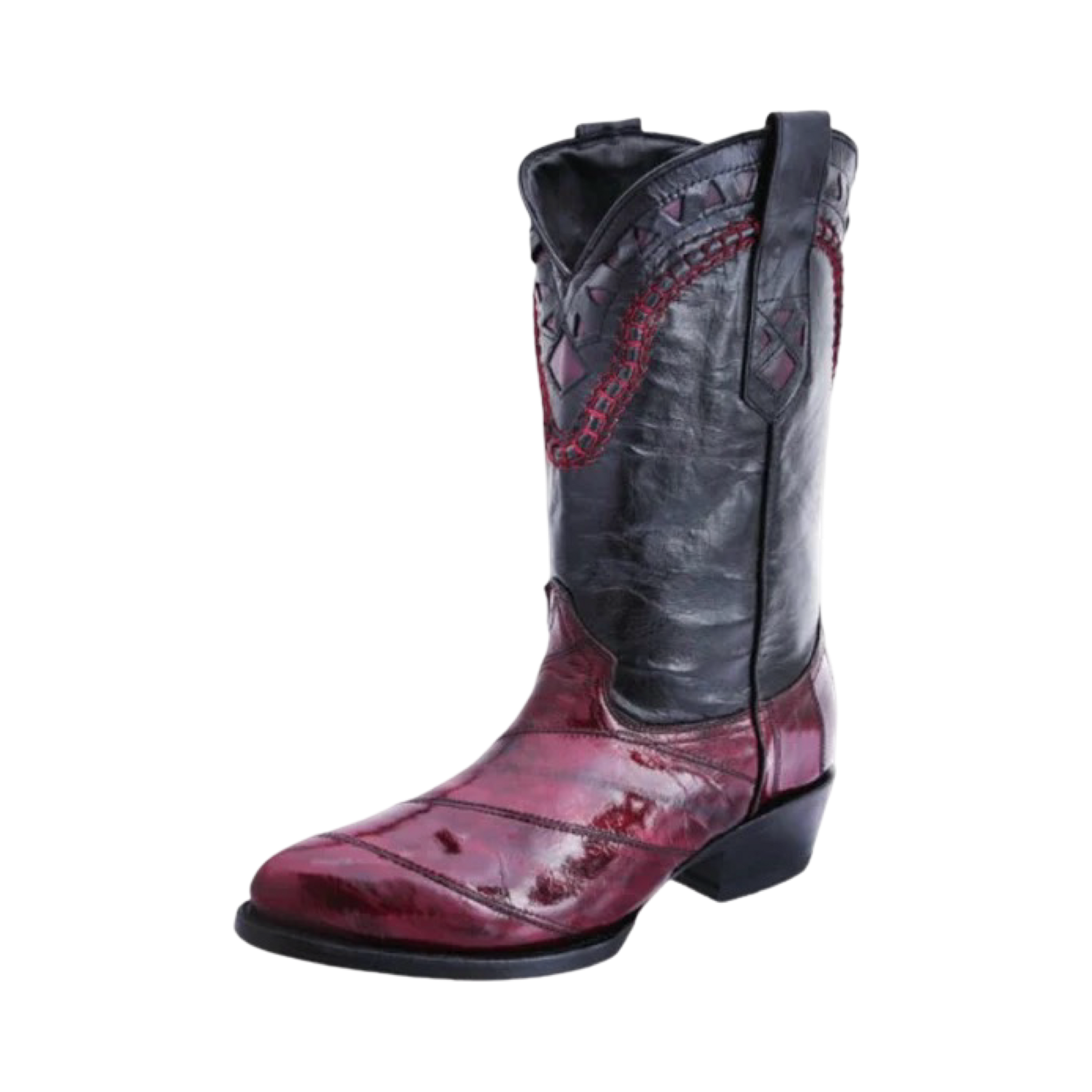 A single black and red eel skin boot with a pointed toe and high heel.