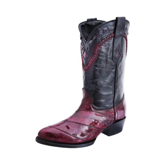 A single black and red eel skin boot with a pointed toe and high heel.