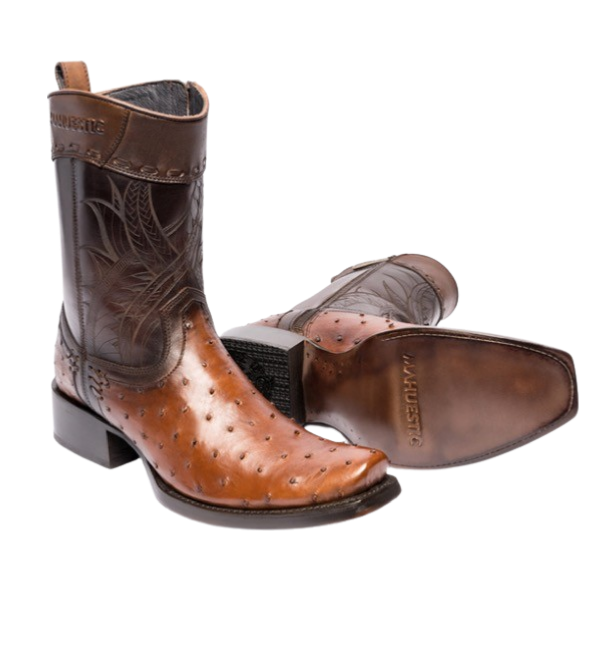 A pair of brown MAHUESTIC ostrich skin boots with a distinctive texture, featuring a square toe style and a heel.
