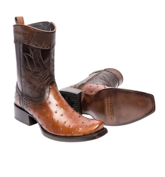 A pair of brown MAHUESTIC ostrich skin boots with a distinctive texture, featuring a square toe style and a heel.