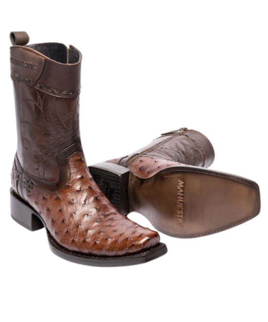 A pair of brown MAHUESTIC ostrich skin boots with a distinctive texture, featuring a square toe style and visible quill bumps.