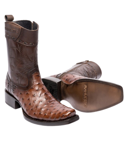 A pair of brown MAHUESTIC ostrich skin boots with a distinctive texture, featuring a square toe style and visible quill bumps.