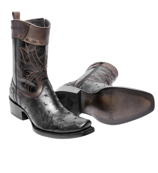 A pair of brown MAHUESTIC avestruz boots with visible texture and quill bumps, featuring a square toe style.
