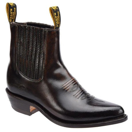 Black leather boot with a ribbed ankle section on a white background