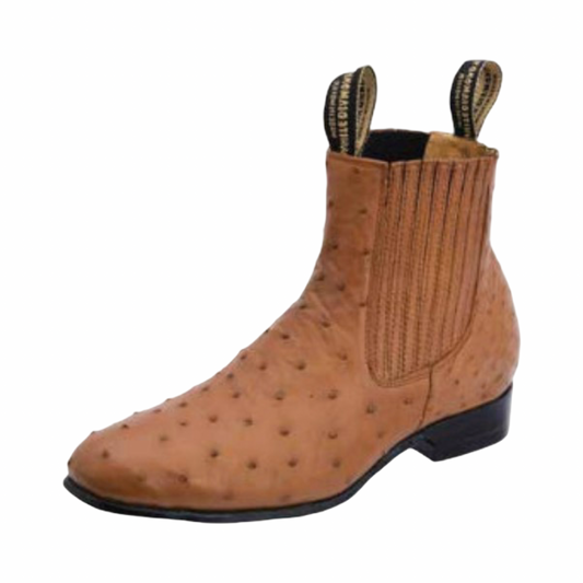 Botines charros para hombre hechos de cuero de avestruz color cognac