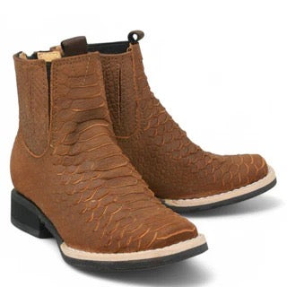 Pair of brown leather boots with a textured pattern on a white background