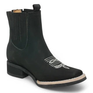 Black ankle boot with white embroidery on a white background