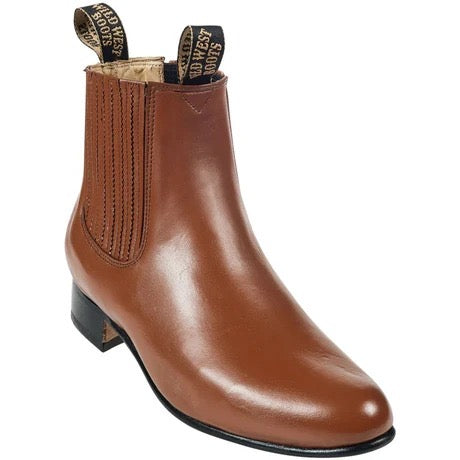 Brown leather boot with a visible brand label on a white background