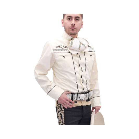 Camisa charra para niño en color beige con bordado café, prenda típica mexicana ideal para rodeos y fiestas.