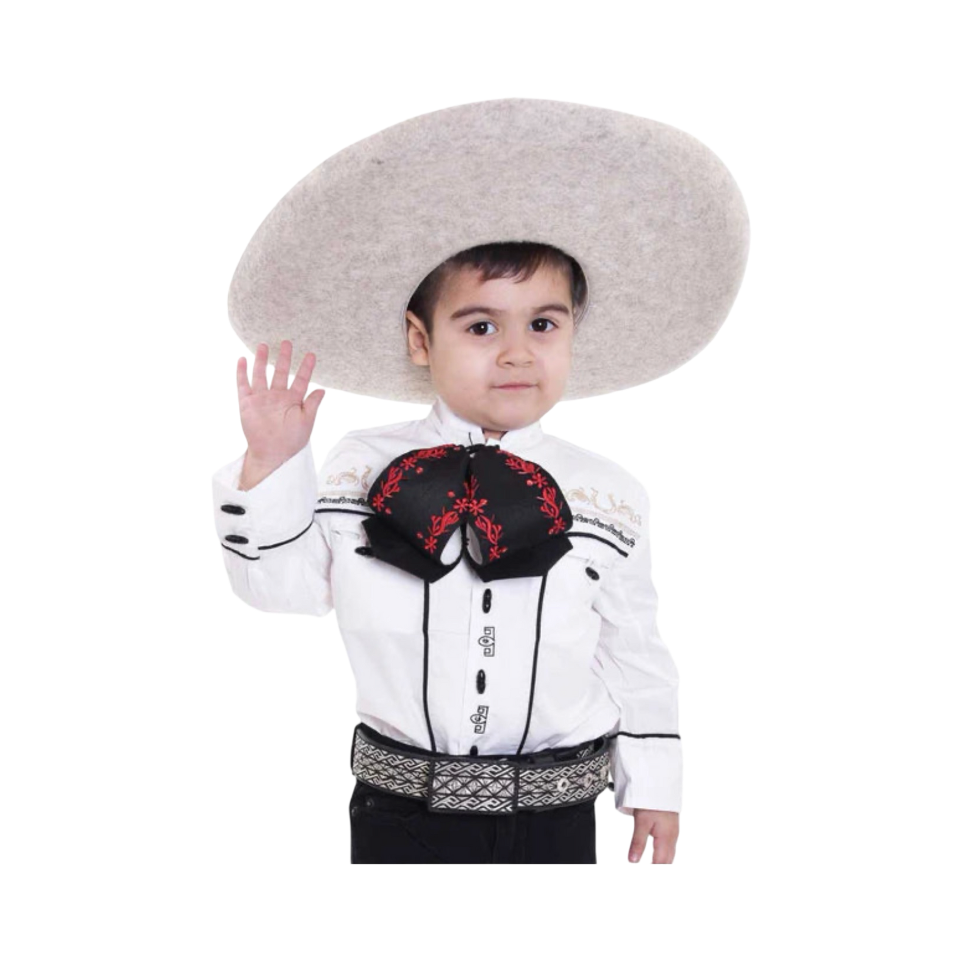 Camisa charra blanca con negro para niño, ideal para trajes charros infantiles y eventos culturales mexicanos.