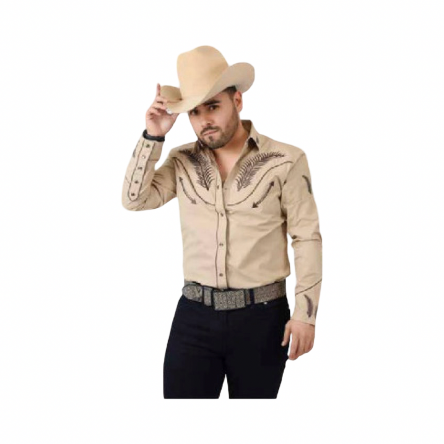 Camisa vaquera beige estilo western con bordado negro