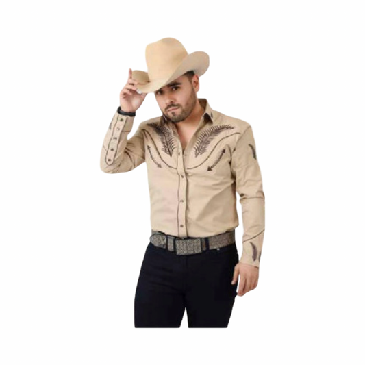 Camisa vaquera beige estilo western con bordado negro