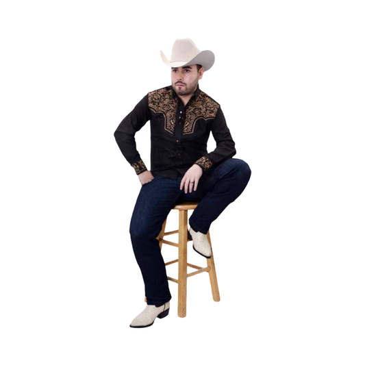 Camisa vaquera color café en gamuza con bordado negro