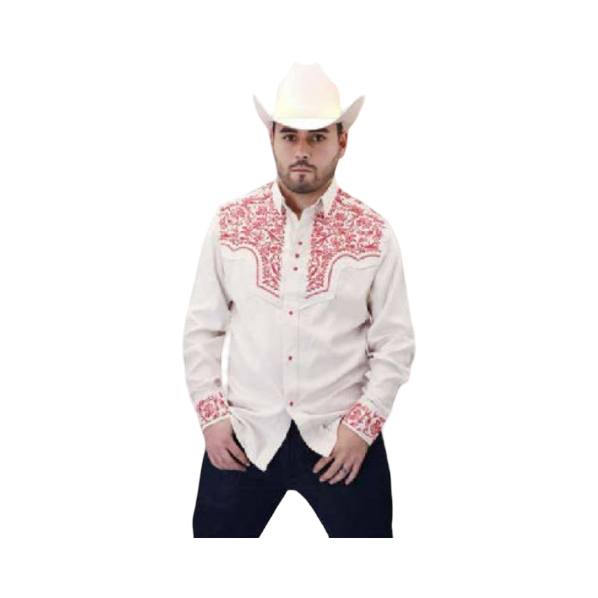Camisa vaquera de gamuza blanca con bordado rojo estilo western