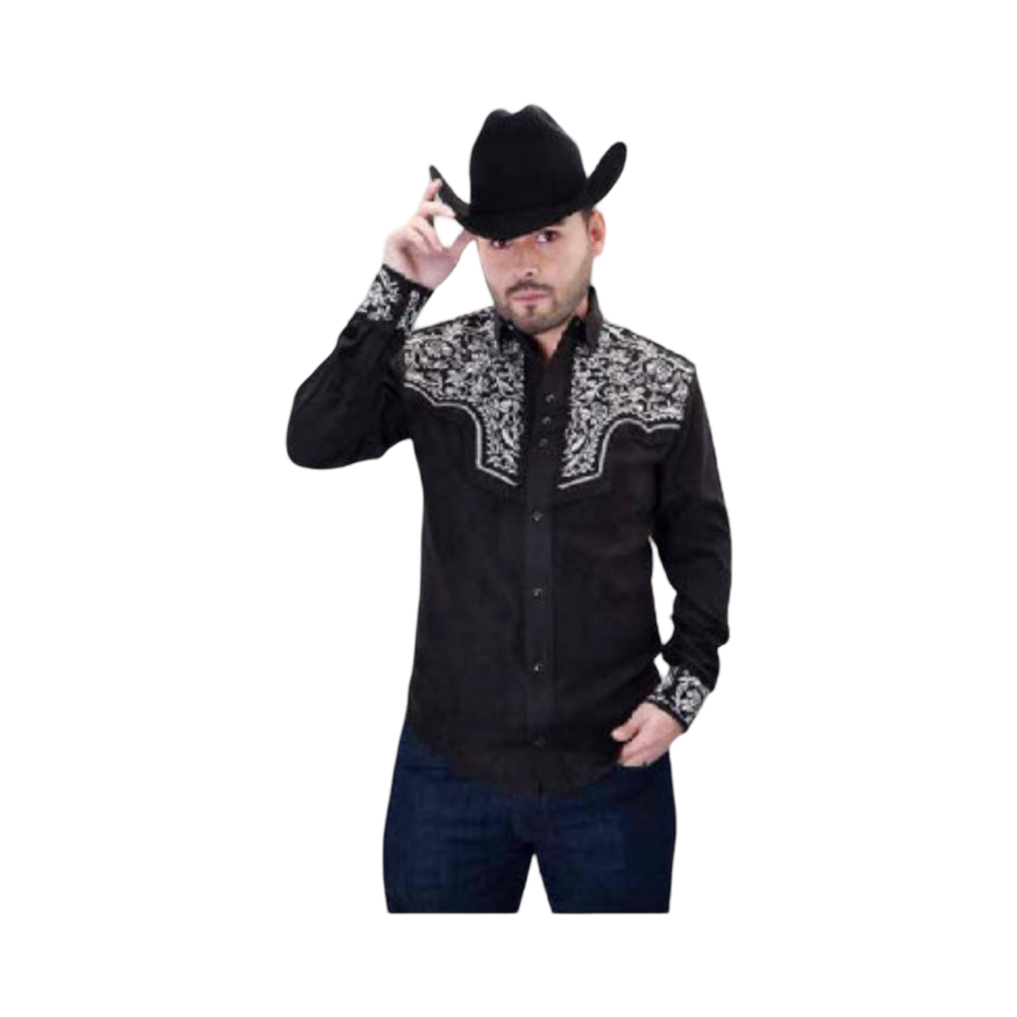 Camisa vaquera negra tipo gamuza con bordado blanco clásico