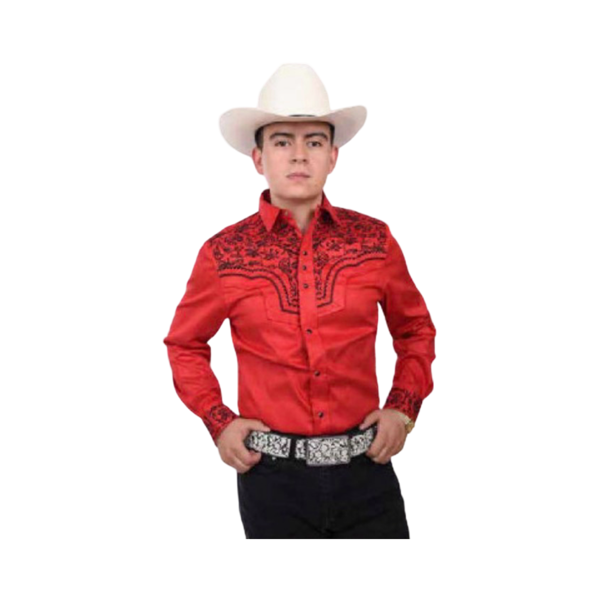 Camisa vaquera negra en gamuza con bordado rojo estilo western