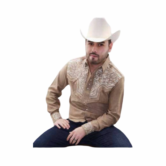 Camisa vaquera color tabaco en gamuza con bordado blanco western