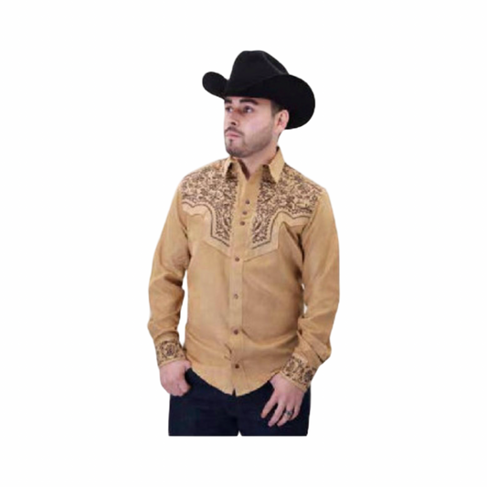 Camisa vaquera gamuza color tabaco con bordado café western