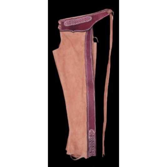 A traditional Mexican chaparrá, or leather riding boot cover, in brown color with intricate stitching and a flared design.