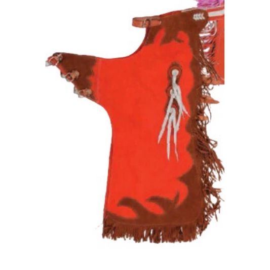 A traditional red and brown leather charro shirt with white diamond pattern and fringes, handcrafted with high-quality leather.