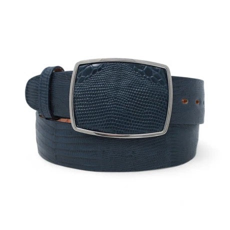 Blue textured belt with a silver buckle on a white background