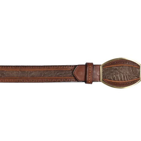 Brown leather belt with decorative buckle on a white background