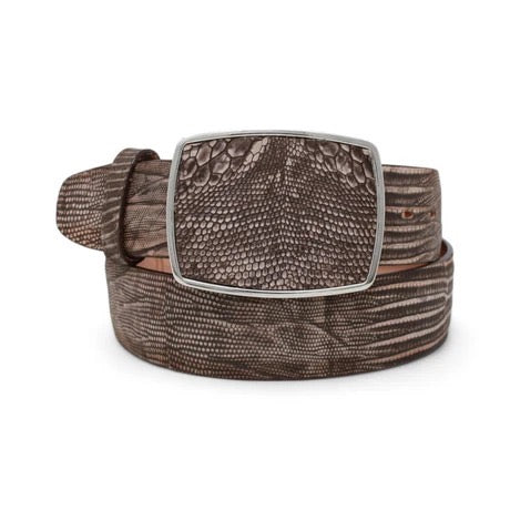 Brown textured belt with a large square buckle on a white background