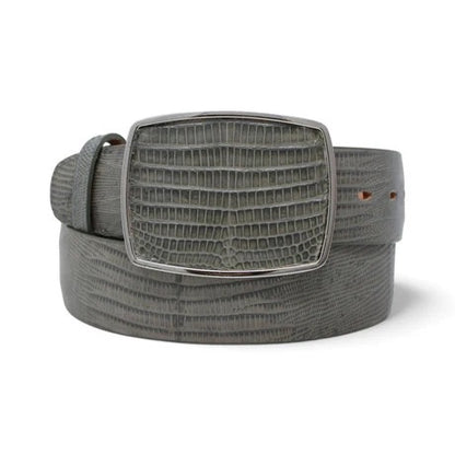 Gray textured belt with a matching buckle on a white background