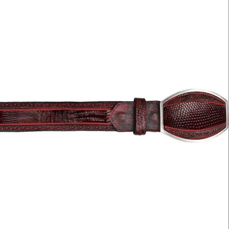 Red leather belt with silver buckle on a white background