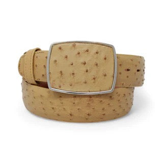 Beige ostrich-patterned belt with a silver buckle on a white background