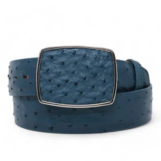 Blue ostrich-patterned belt with a matching buckle on a white background