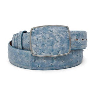 Blue textured belt with a silver buckle on a white background