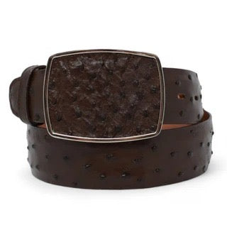 Brown leather belt with a textured buckle on a white background