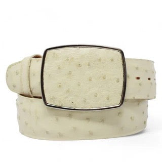 Beige leather belt with a square buckle on a white background