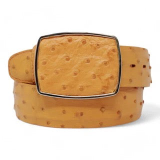 Tan ostrich leather belt with a matching buckle on a white background