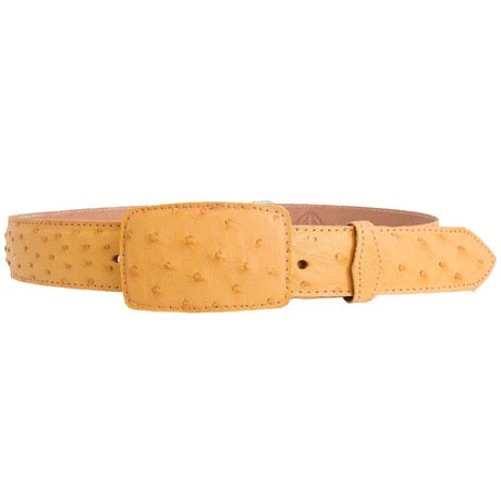 Yellow ostrich-patterned belt on a white background