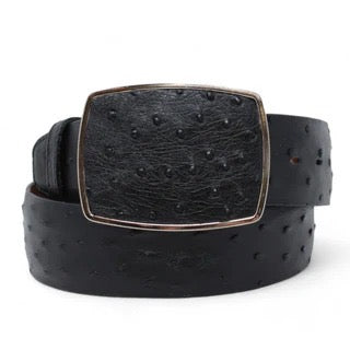 Black ostrich-patterned belt with a large square buckle on a white background
