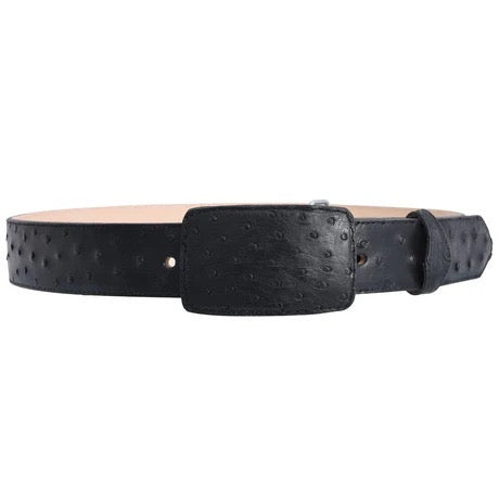 Black belt with a textured strap on a white background