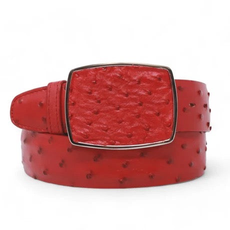 Red ostrich pattern belt with a square buckle on a white background