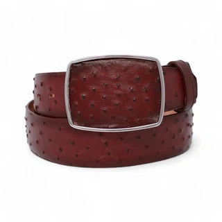 Brown ostrich-patterned belt with a silver buckle on a white background