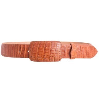 Brown crocodile-patterned belt on a white background
