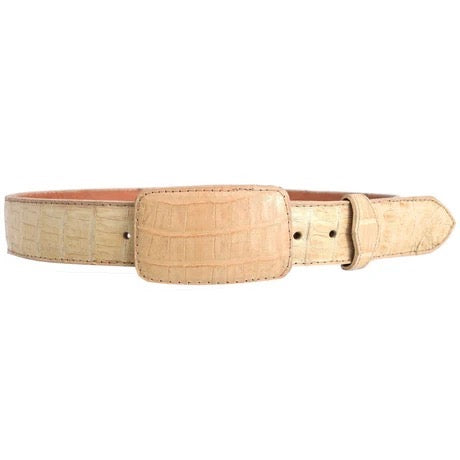 Beige leather belt with crocodile texture on a white background