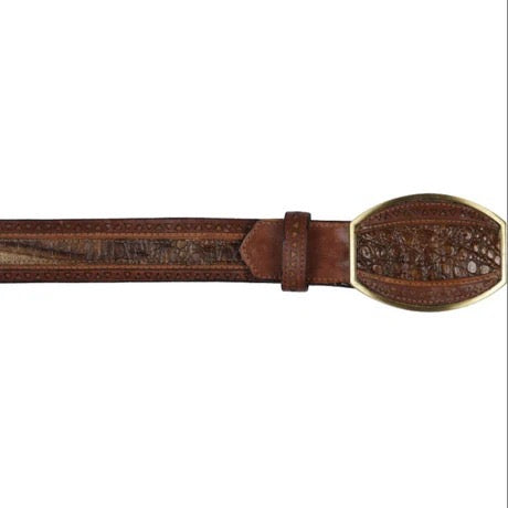 Brown leather belt with a decorative buckle on a white background