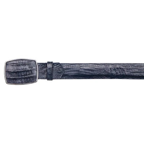 Black textured belt with a matching buckle on a white background