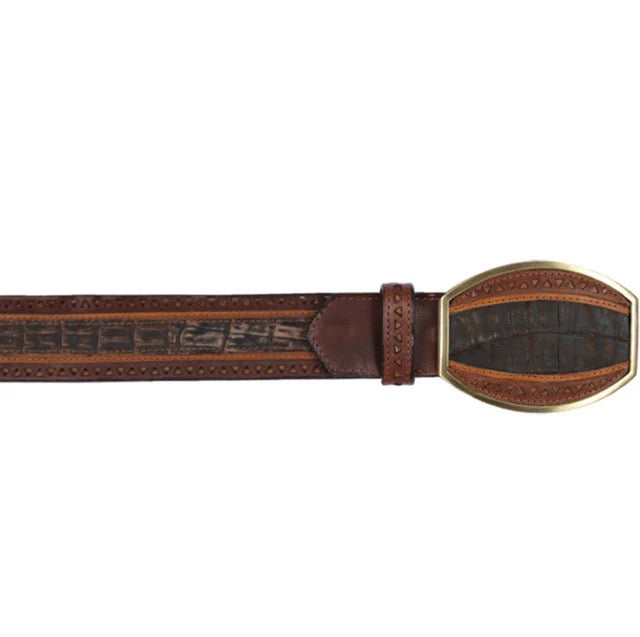 Brown leather belt with decorative buckle on a white background