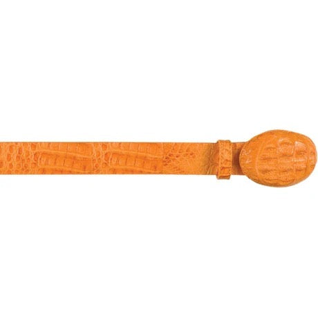 Orange belt with a crocodile pattern buckle on a white background