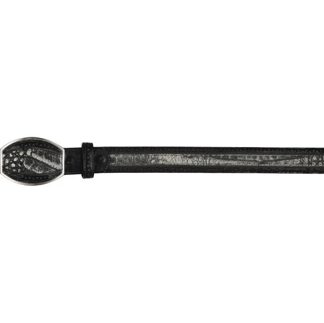 Black leather belt with a silver buckle on a white background