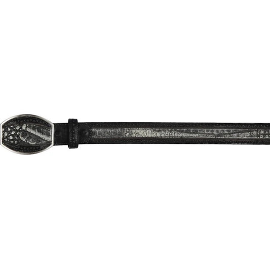 Black leather belt with a silver buckle on a white background