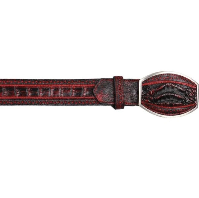 Red leather belt with a silver buckle on a white background